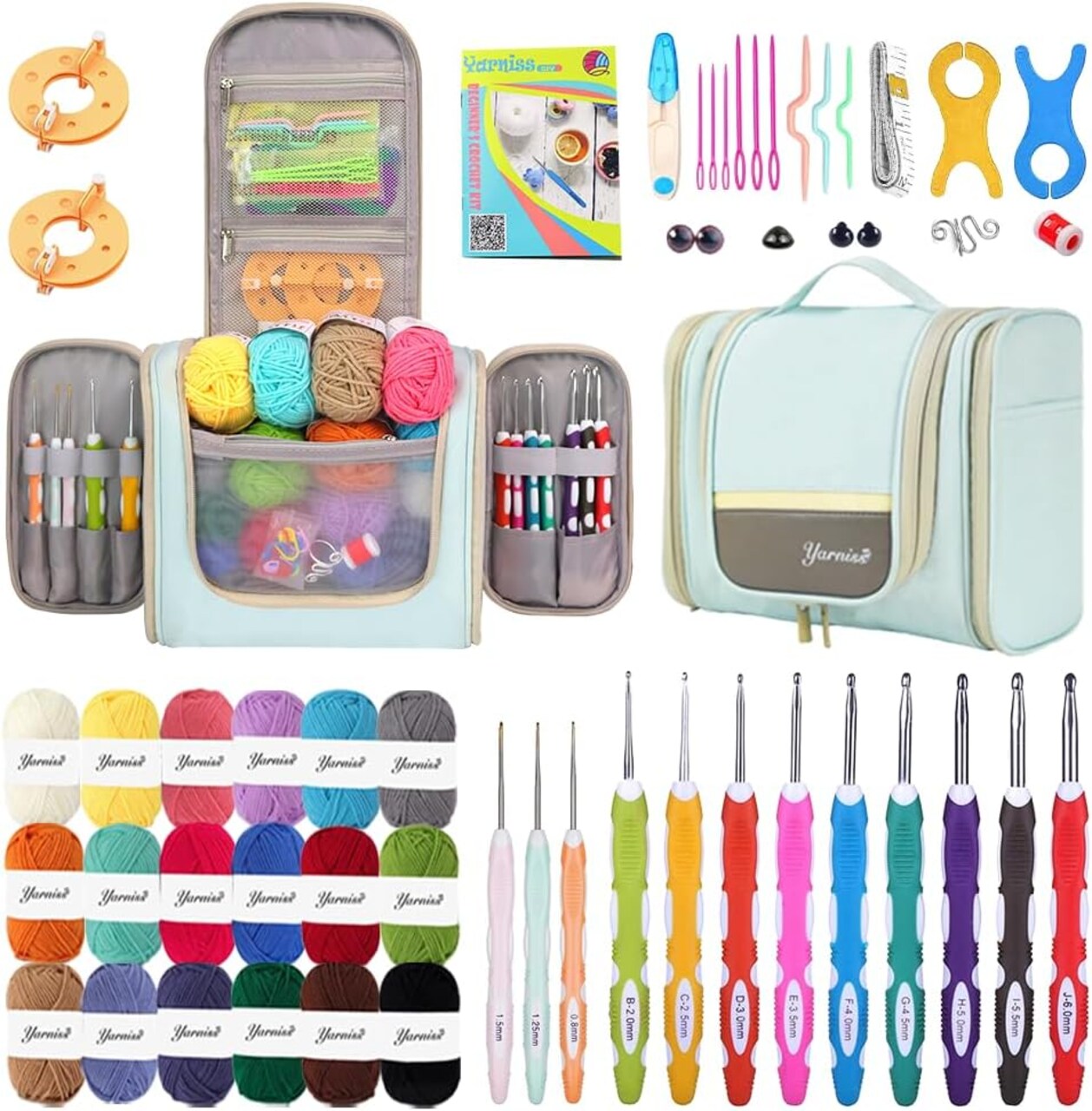 Crochet Kits with Bag, Beginner Crochet Kits Includes 18 Yarn Skeins & 12 Ergonomic Crochet Hooks